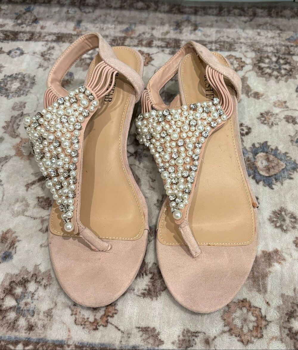 JustFab Womens Kenya Wedge Sandals Pearl Rhinestone Embellished Pink Size 10